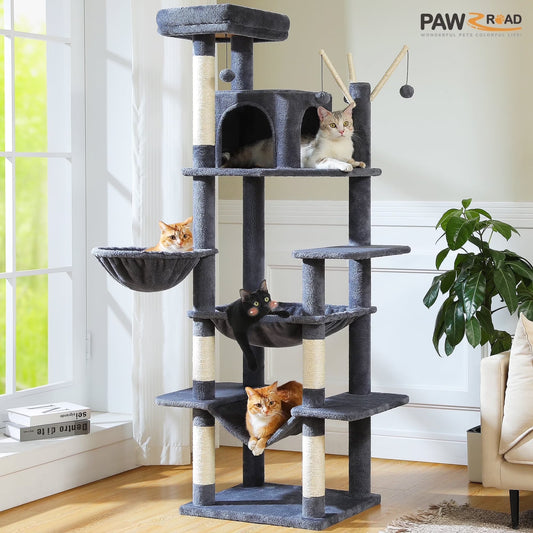 PAWZ Road 69" Cat Tree for Indoor Cats Multi-Level Cat Condo with Large Hammock Perch and 5 Scratching Posts, Dark Gray
